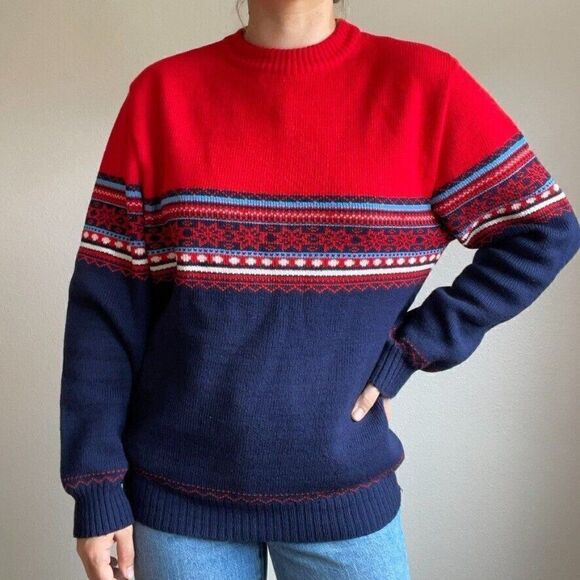 Vintage 90s David Gregg Fair Isle Red Blue Oversized Grandpa Sweater Sz L - Picture 1 of 7